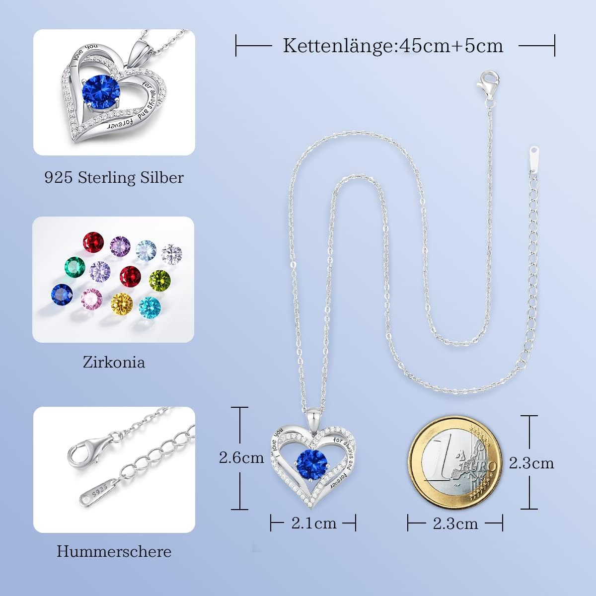 Detalle 2 de CDE Kette Damen 925 Sterling Silber Herz 12 Steine