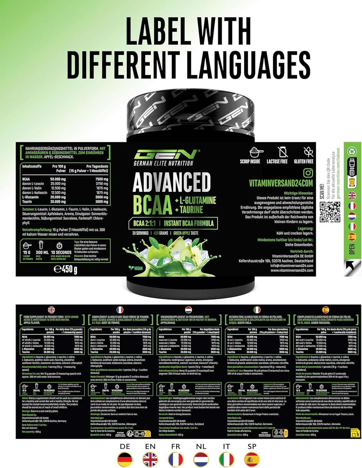 Thumbnail 6 de Advanced BCAA Pulver 450 g – 2:1:1 Aminosäuren mit L-Glutamin & Taurin, Sweet Apple