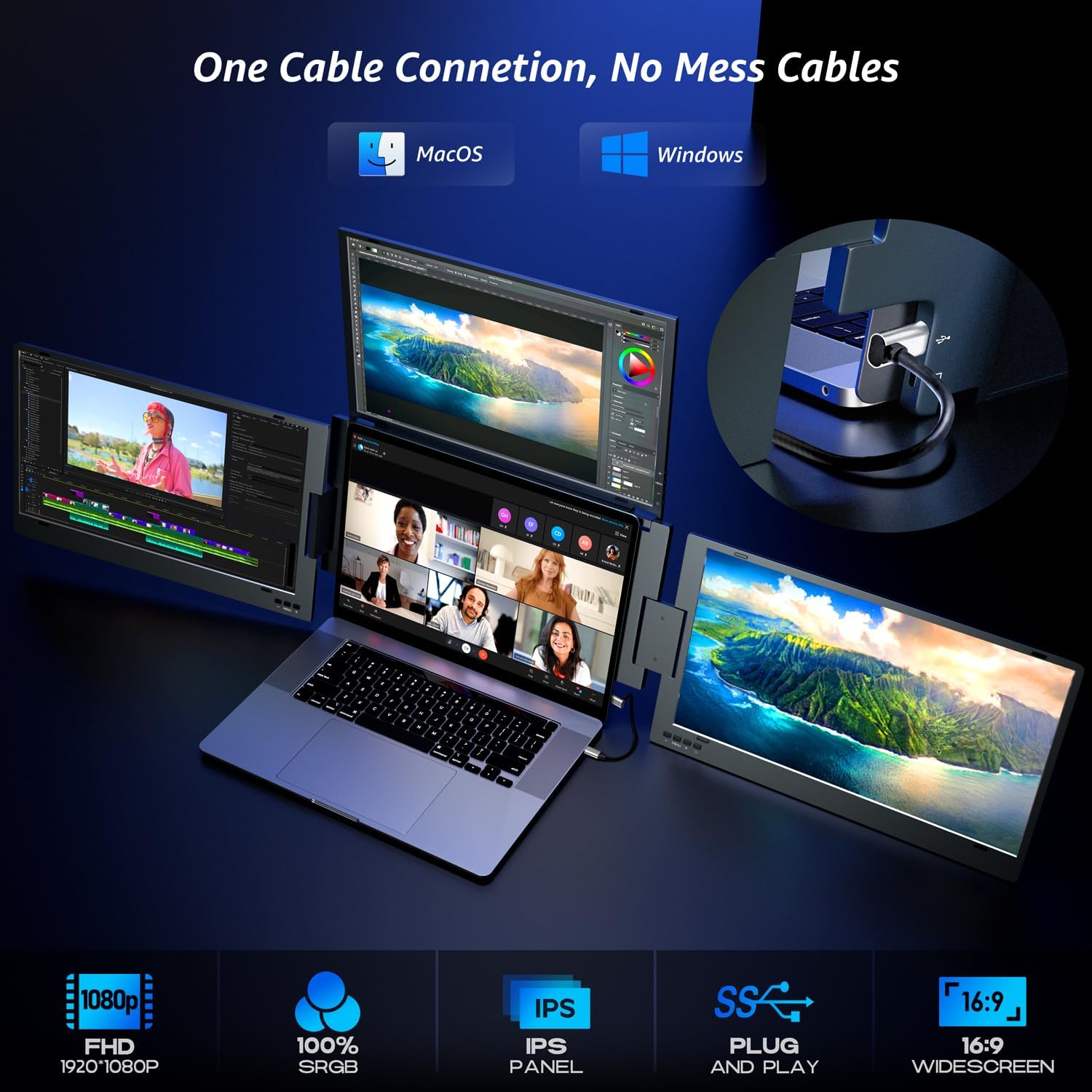 Detalle 2 de KPKUE 14" Triple Screen Extender (FHD IPS) for 11.6–15.6" Laptops via USB-C/USB-A