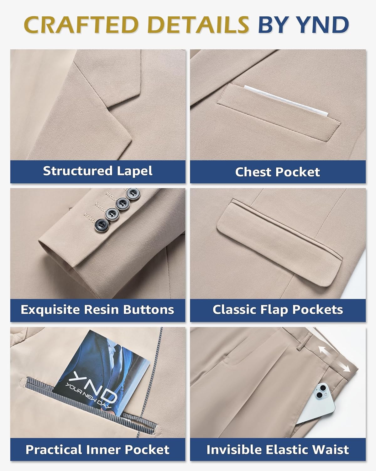Thumbnail 2 de YND Men’s Slim Fit 3-Piece Suit Set (One-Button Blazer, Vest, Pants) with Matching Tie