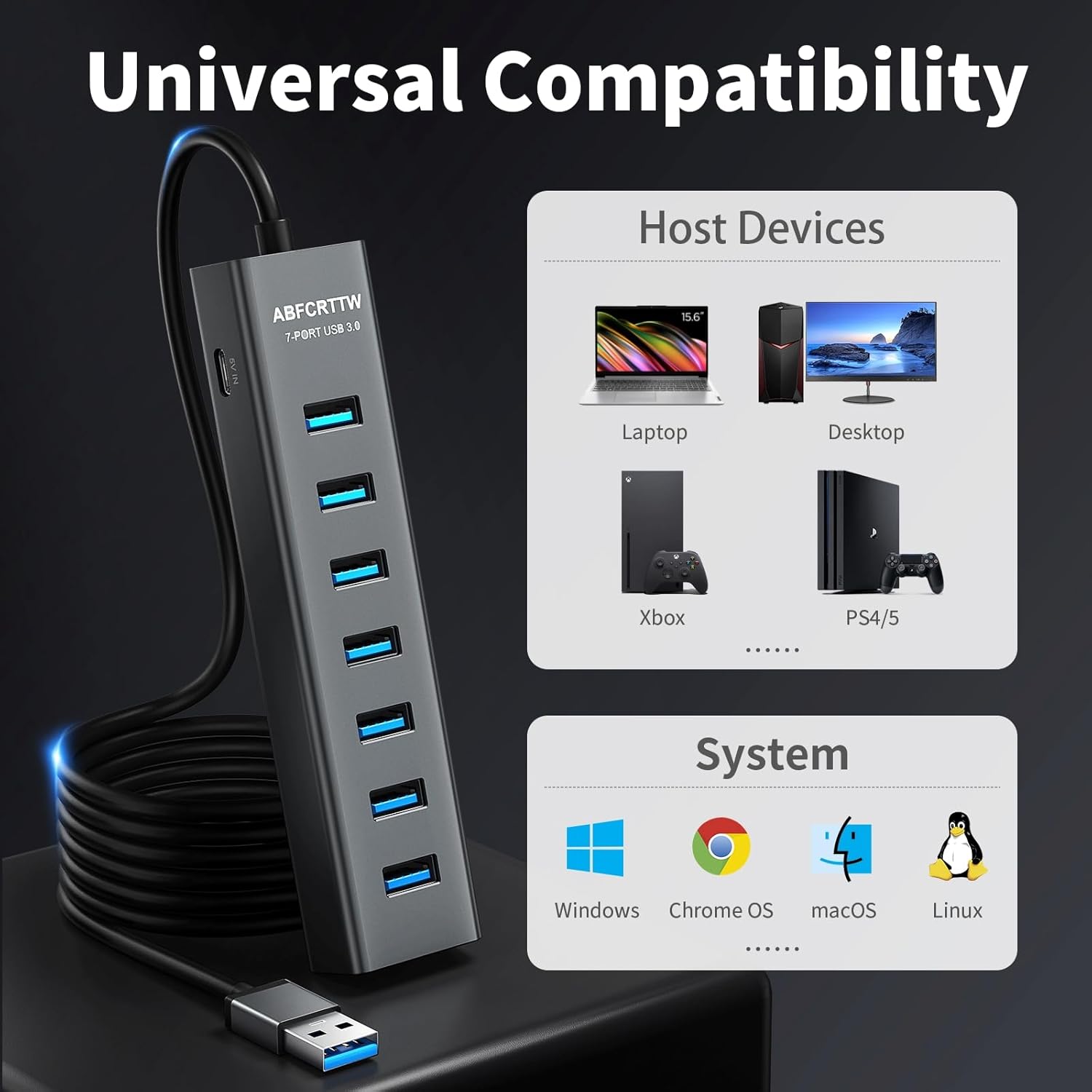 Thumbnail 6 de 4Ft 7-Port USB 3.0 Hub for Desktop