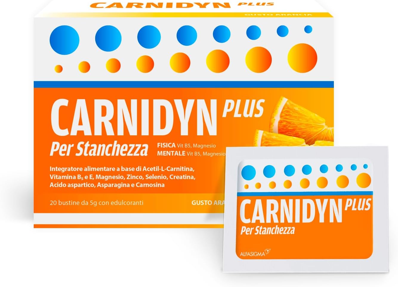 Detalle de Carnidyn Plus: integratore in bustine per energia e concentrazione, gusto arancia