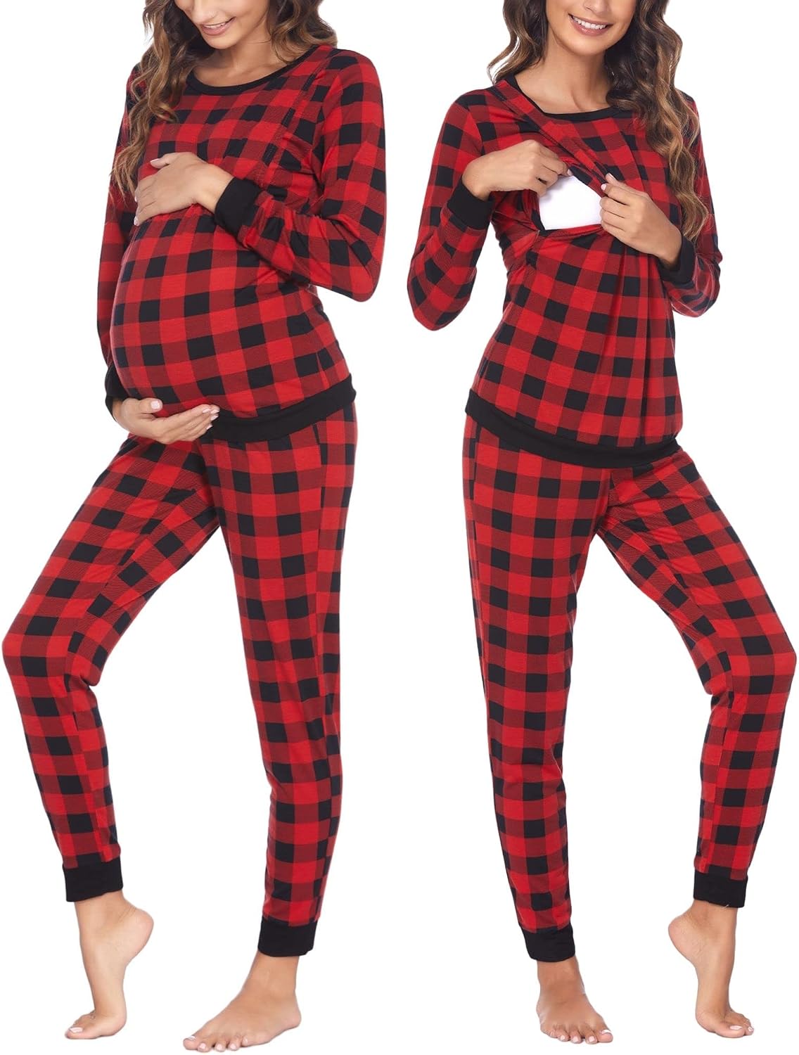 Detalle de Ekouaer Pyjama Femme Grossesse – Ensemble de Pyjama Hiver Maternité long, confort et nursing