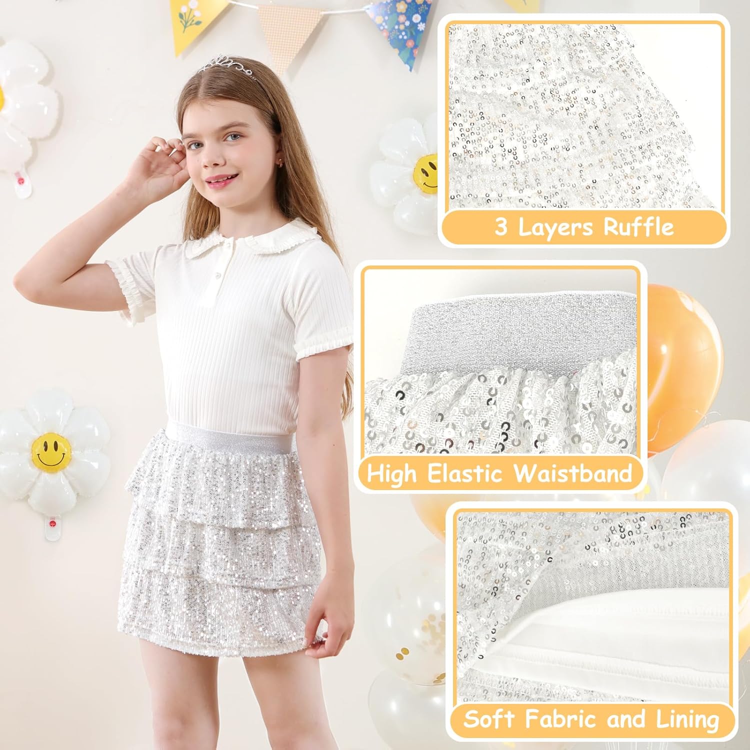 Detalle de Bezioner Girls Sequin Skirt: Layered Glitter Skater Skirt for Kids (5–14 Years)