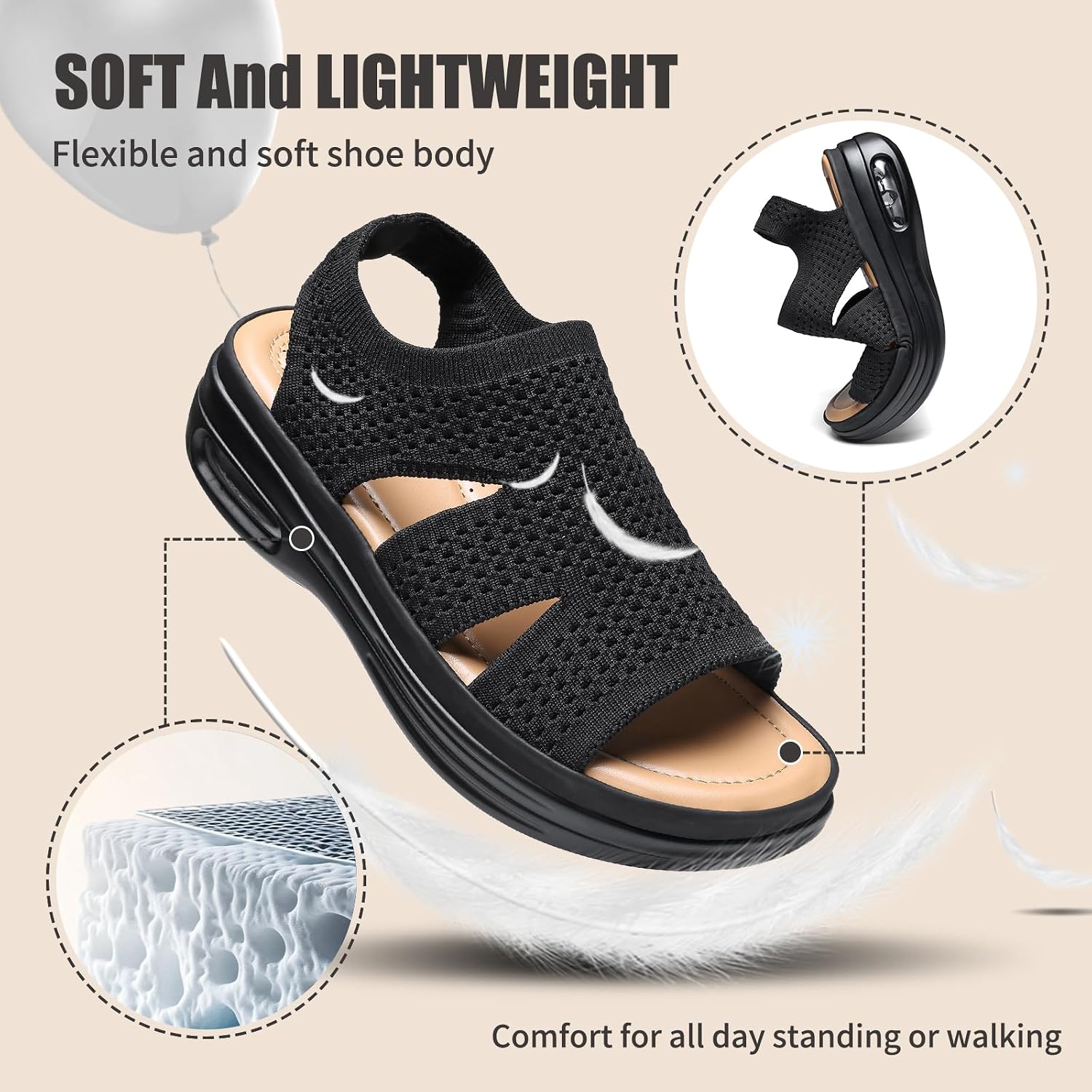 Detalle de Hanani Women Walking Sandals with Air Cushion Heel Support and Elastic Slingback