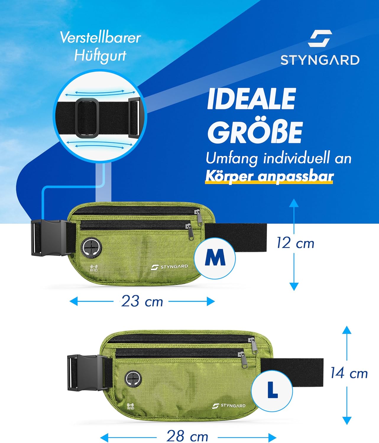 Detalle de STYNGARD Modell Madrid: flache Diebstahl- Bauchtasche mit RFID/NFC-Schutz für Reise & Sport