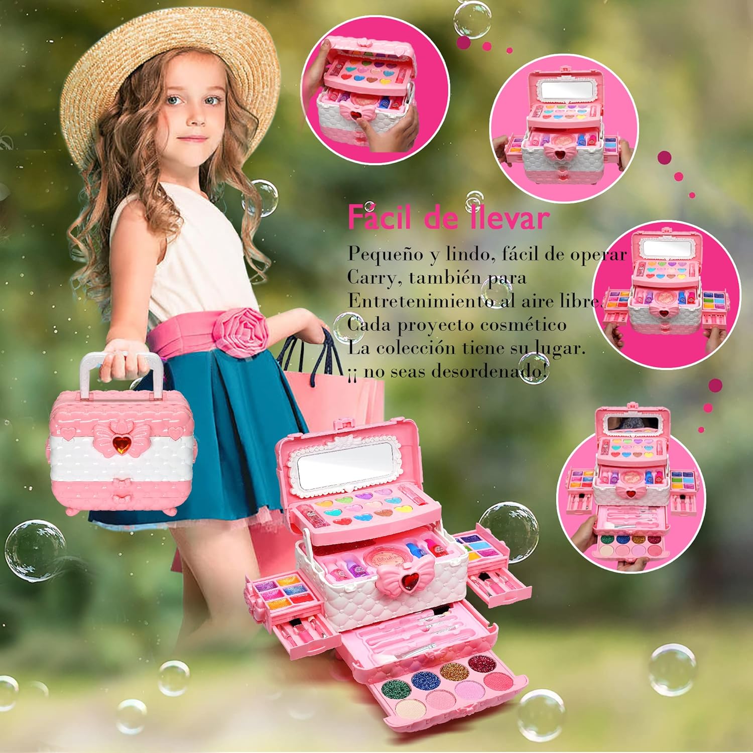 Detalle 2 de Mrabbitoo Kinderschminke Set Mädchen Schminkkoffer – Waschbares Make-up-Set mit 57 Teilen, rosa/weiß, für Kinder von 3–12 Jahren
