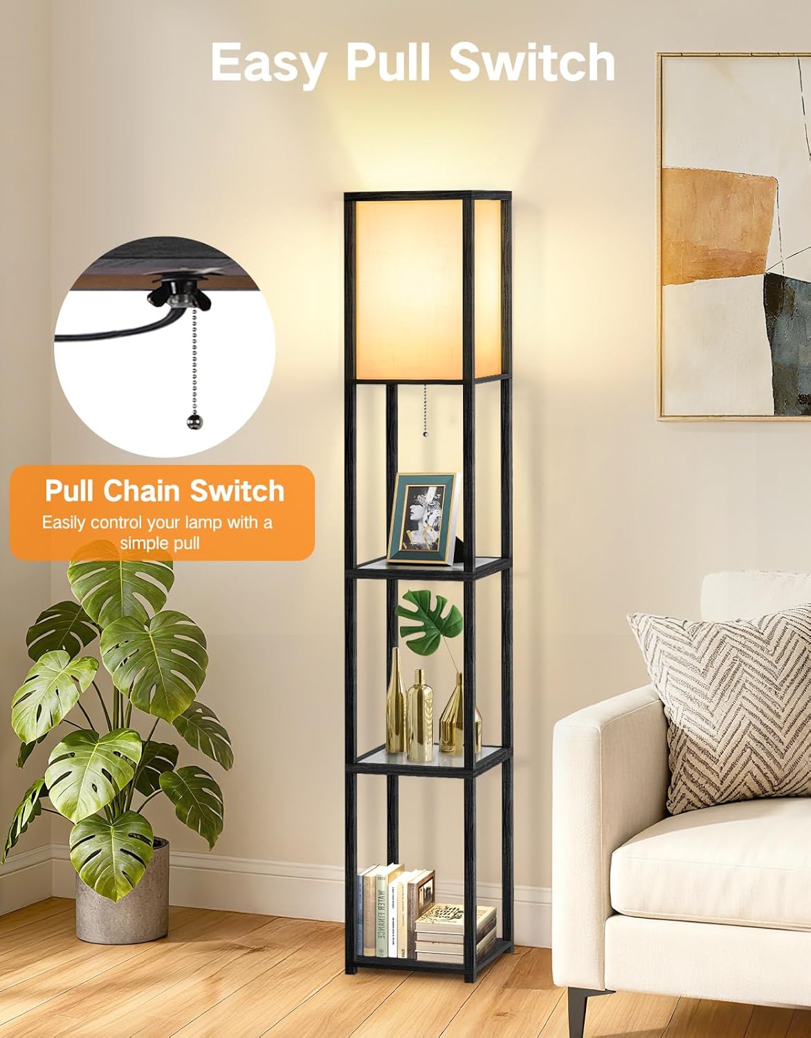 Thumbnail 5 de OUTON Stehlampe mit Glasablagen – Einstellbare Farbtemperaturen (3000K–6000K), LED, Holz Eck-Display, Schwarz