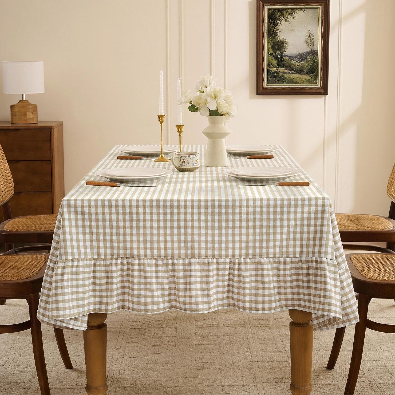 Detalle de Romanstile Gingham Ruffled Tablecloth Rectangle - Waterproof Linen Cotton Checkered Outdoor Table Cover (60 x 120 inches, Taupe)