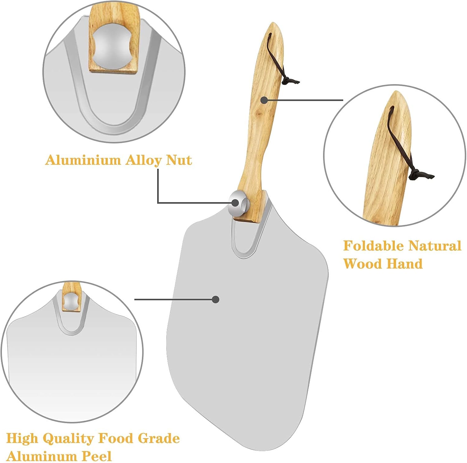 Detalle de LKE Aluminum Pizza Peel with Foldable Wood Handle – 12x14 Inch Surface, 25 Inch Total Length