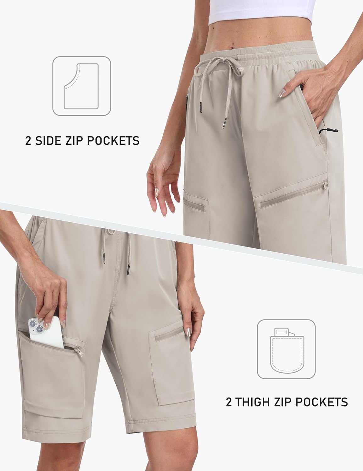 Detalle de MoFiz Women's 10" Long Hiking Shorts with 5 Zip Pockets