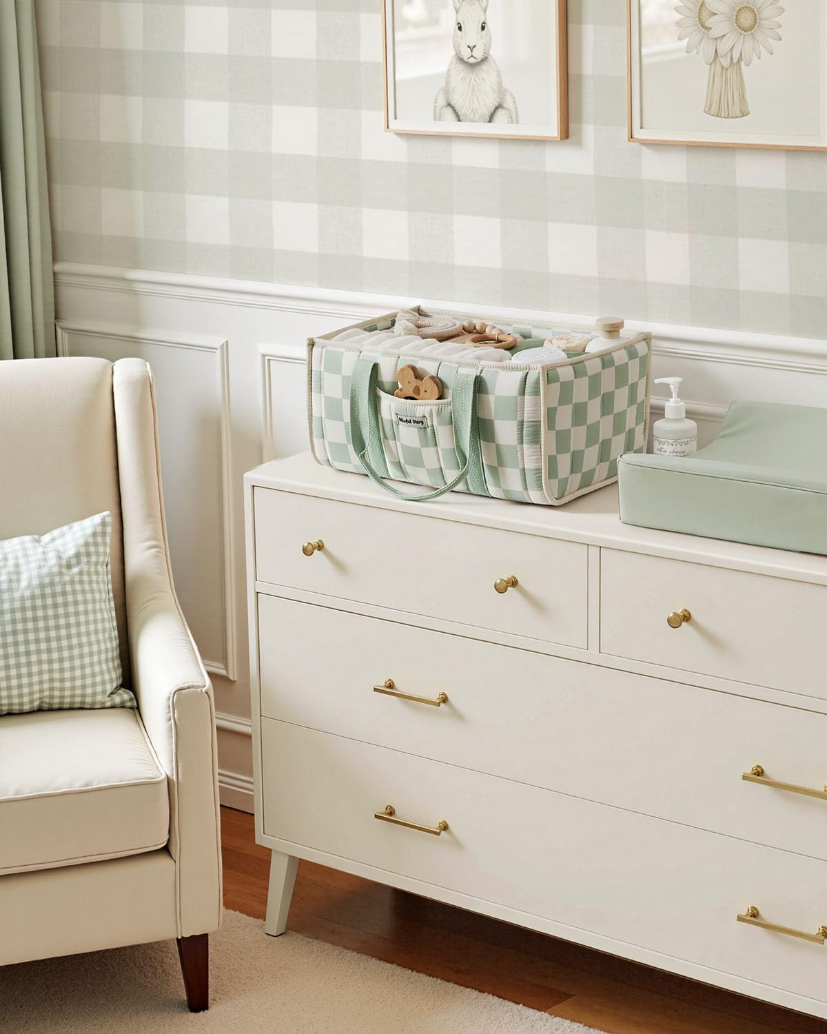 Thumbnail 4 de Blissful Diary Nappy Caddy Organiser in Sage Green Checkered