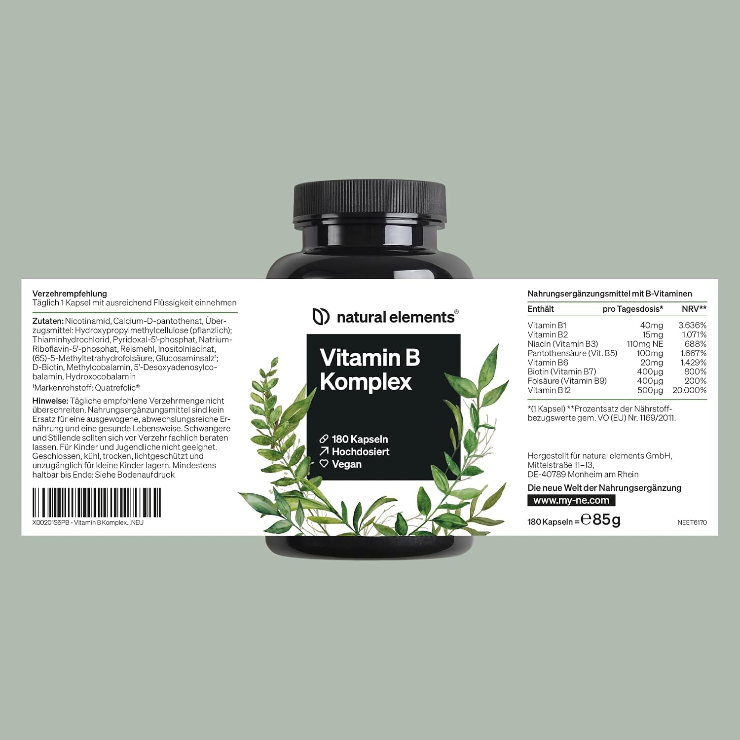 Detalle de natural elements Vitamin B Komplex 180 Kapseln – Vitamin B12 500 µg 💊