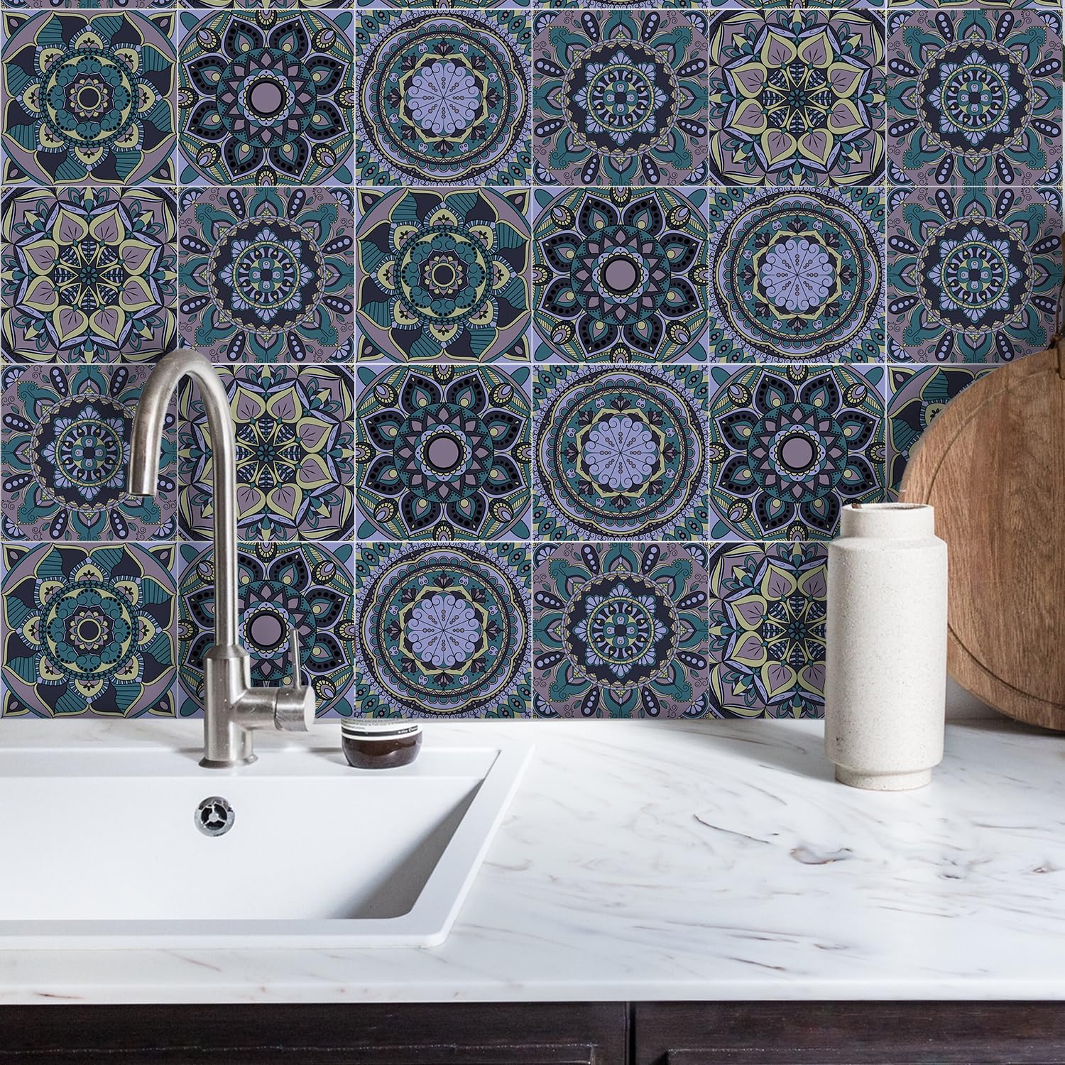 Detalle de ANHUIB 18 Pcs Moroccan Tile Stickers 15x15cm – Peel-and-Stick Kitchen & Bathroom Decals