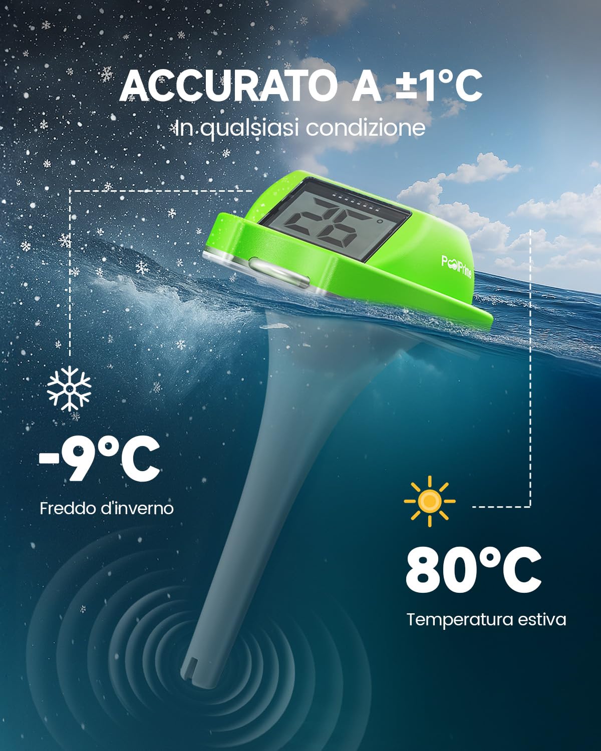 Thumbnail 4 de PoolPrime Termometro Piscina a Doppio Schermo con Pannello Solare – Verde, IPX7