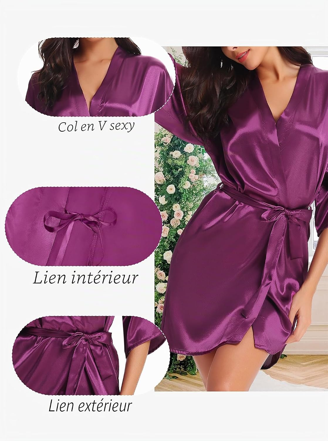 Detalle 2 de Wikoan Peignoir de Bain Femme Satin – Robe de Chambre Kimono 3/4 Manche