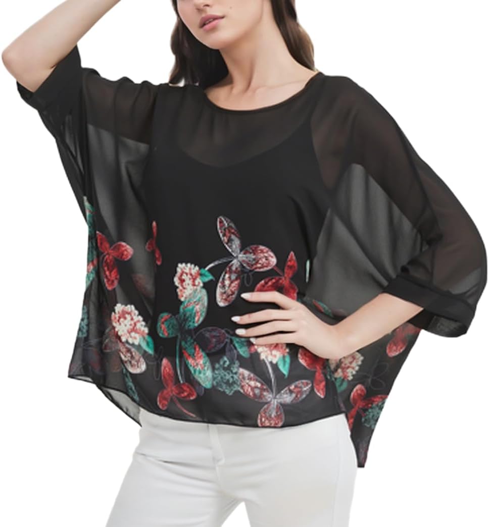Thumbnail 6 de CuteSwan women’s bohemian print chiffon blouse tunic top (loose V-neck, batwing sleeves)