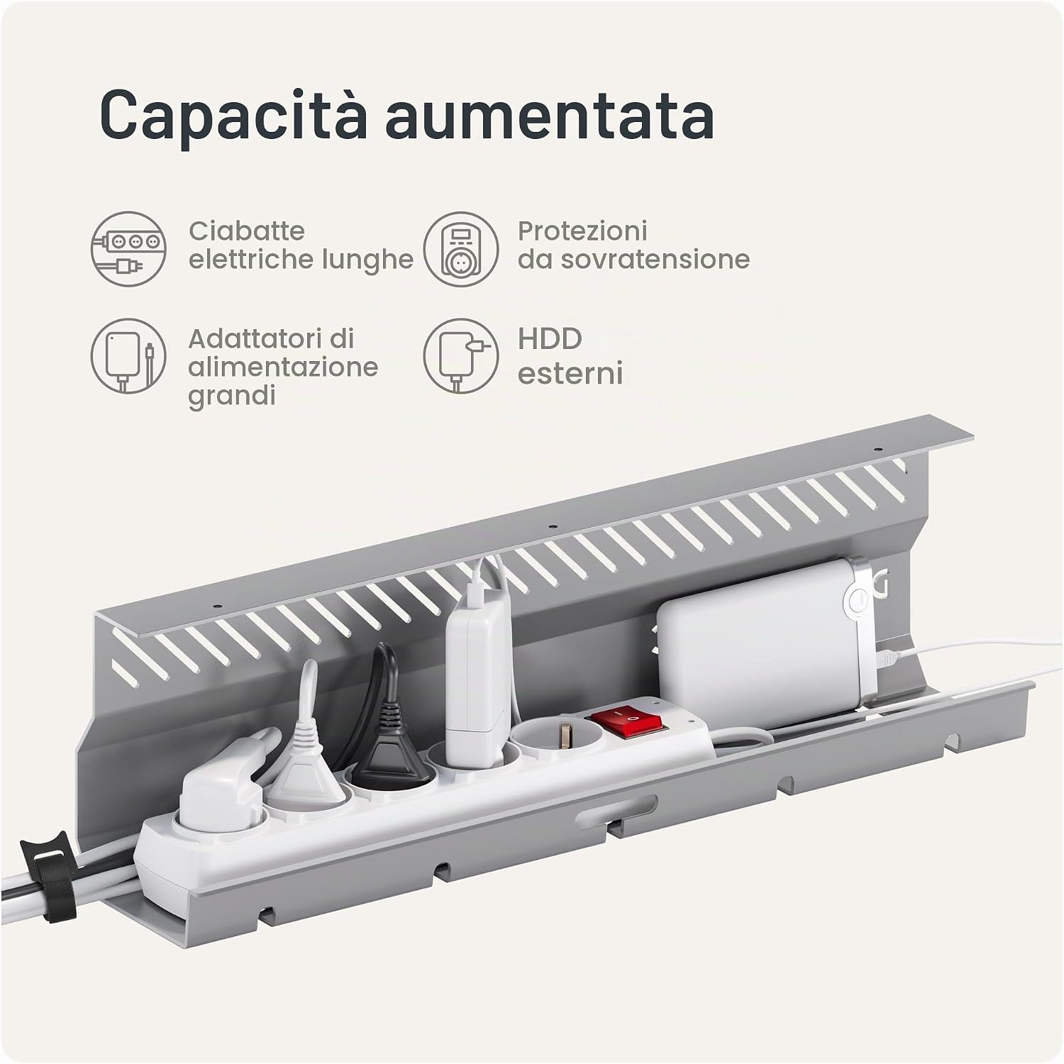 Thumbnail 2 de Desktronic Canalina Passacavi Grigia 2 pz – Gestione cavi in acciaio inox, 5 uscite, montaggio facile