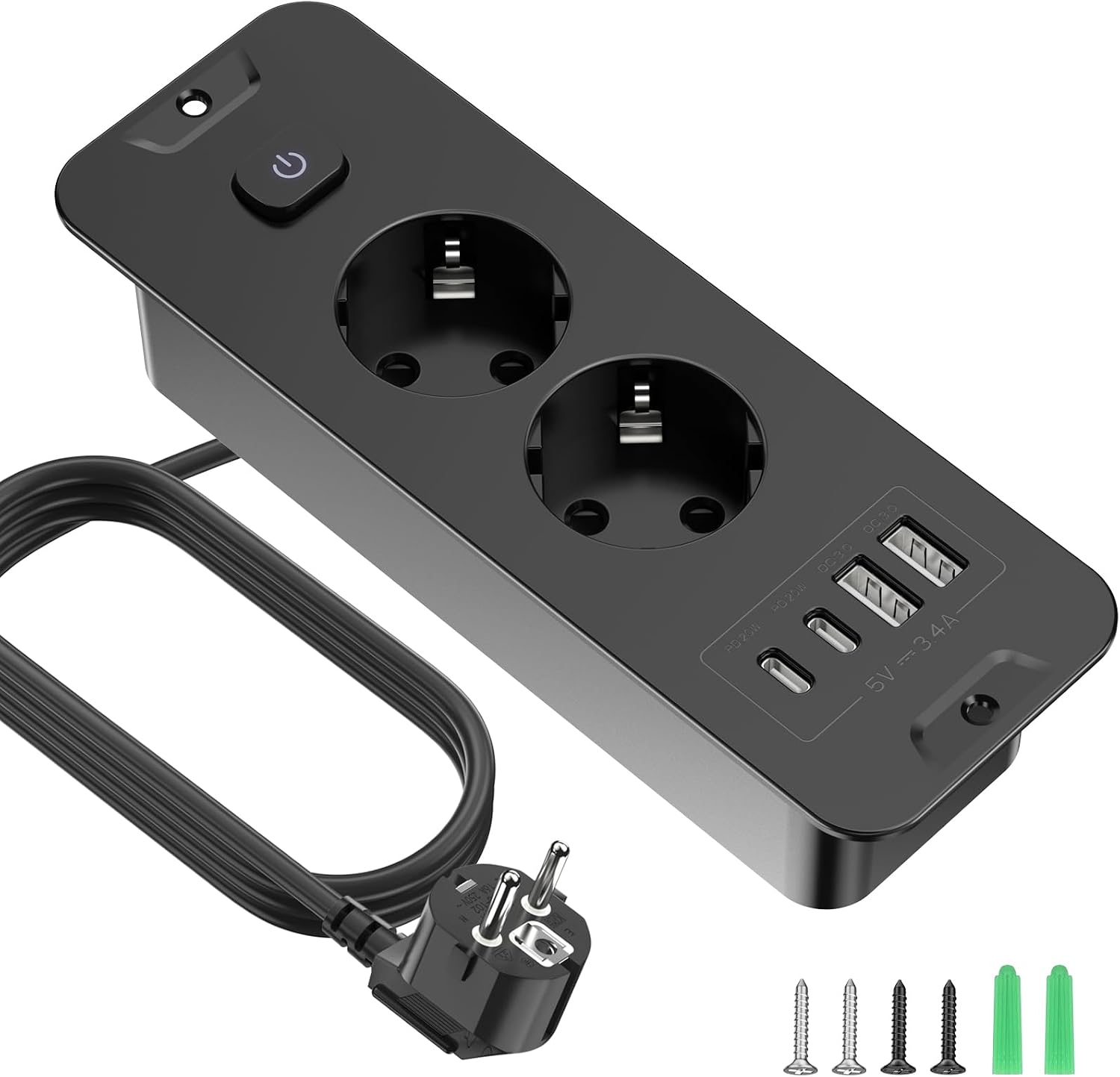 Detalle de PABANCE inbouwstopcontact met USB-A en USB-C, schakelaar en verlengkabel van 2 m