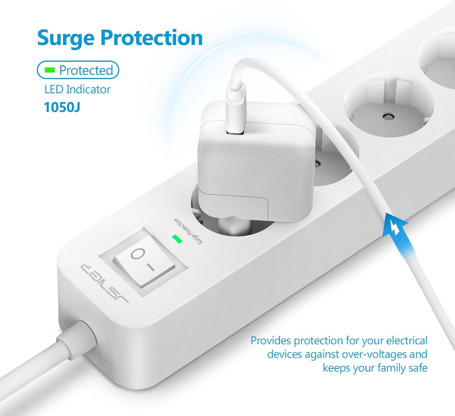 Thumbnail 2 de JSVER Multiprise USB C, 4 prises AC et 4 ports USB (2 USB-A + 2 USB-C) – 3680W, protection s/oversurge et interrupteur, câble 2m