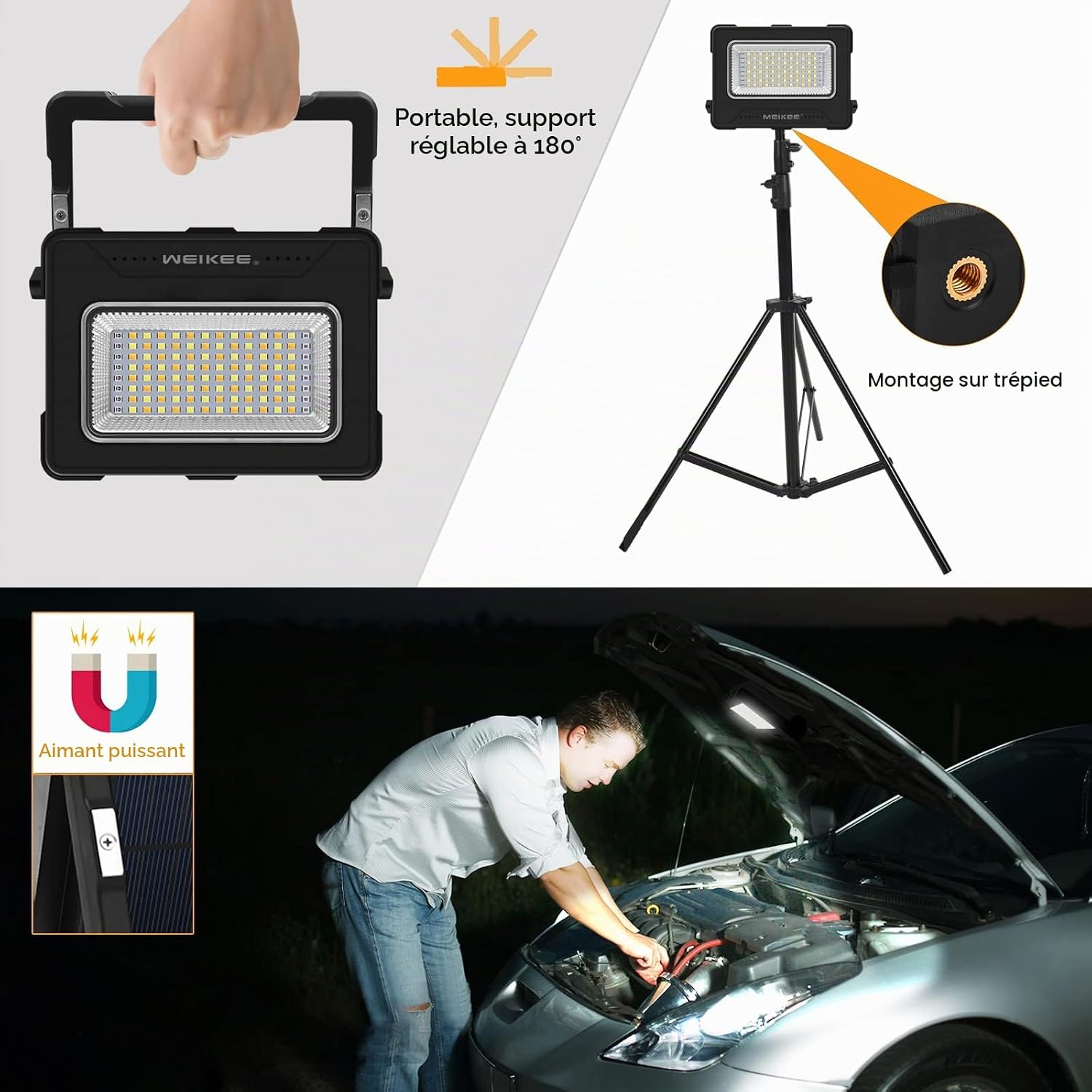 Detalle 1 de MEIKEE FLC060 led-werklamp, 10.000 mAh, 4 lichtmodi en USB- en zonne-oplading