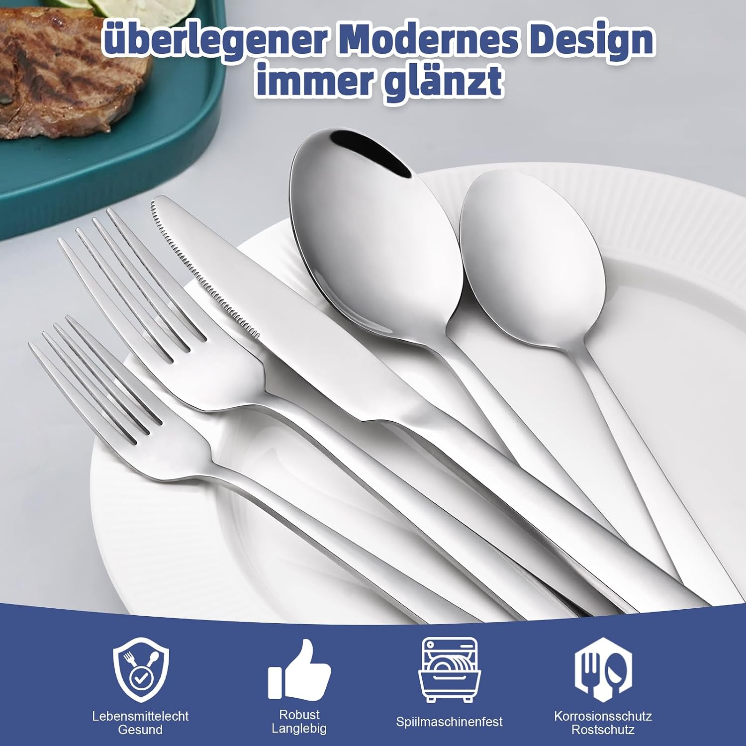 Thumbnail 2 de Besteck-Set für 12 Personen, Bastwe 72-teiliges Edelstahl Besteckset mit Steakmessern – spülmaschinenfest