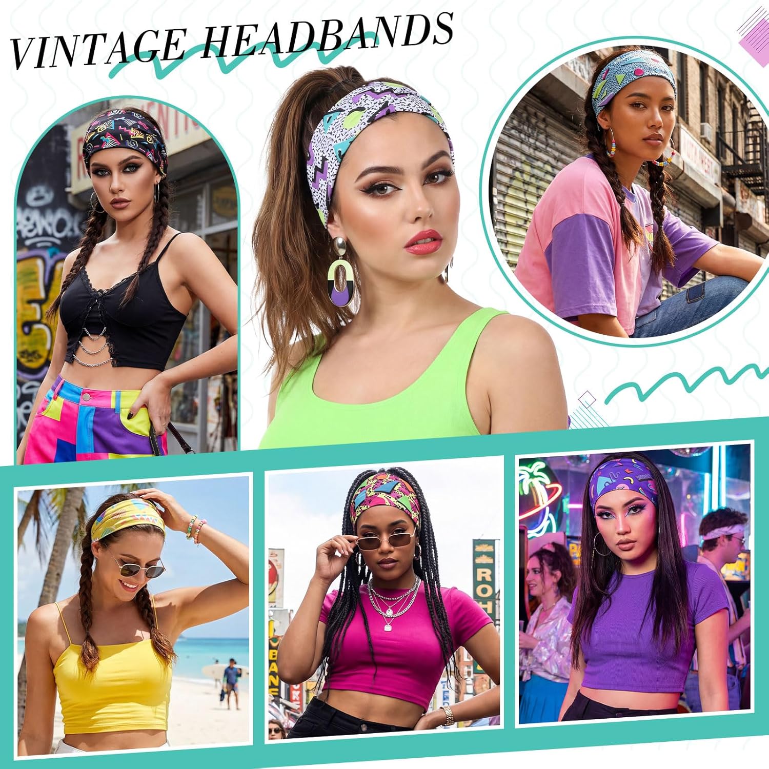 Detalle de obeoby 8 Pack Neon 80s Print Headbands for Rave Outfits — Retro Style for Women