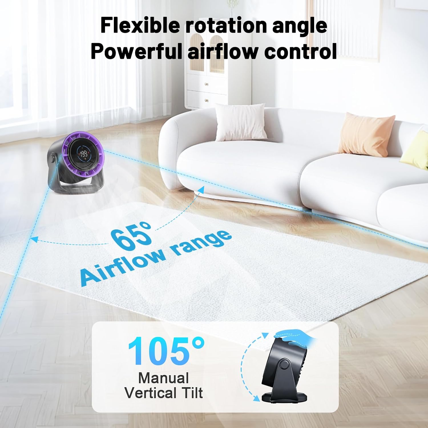 Detalle de PTHTECHUS Ventilatore da tavolo con grande flusso d'aria, batteria da 5000 mAh e display LED