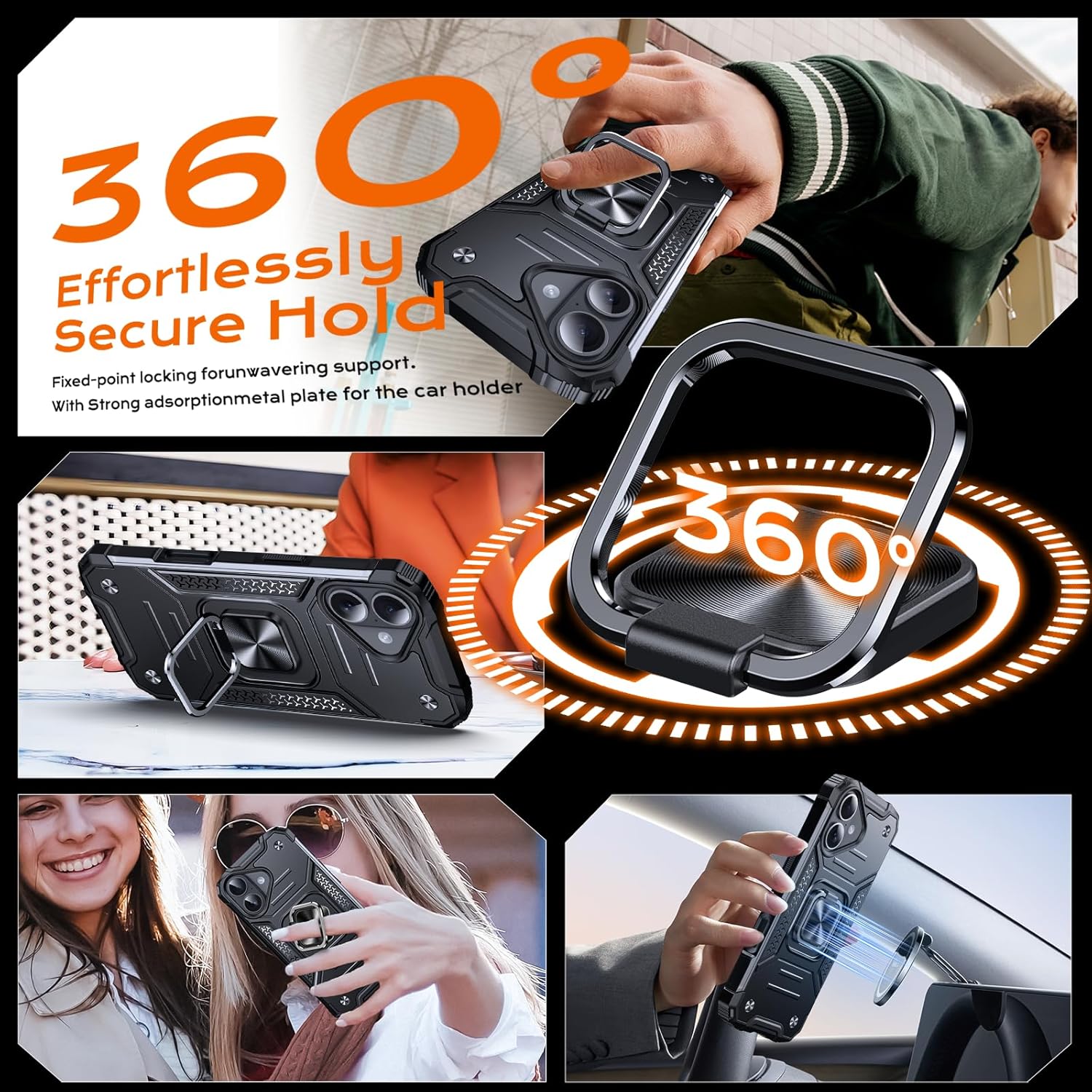 Thumbnail 1 de Anqrp Armor Handyhülle für iPhone 17 mit Ring-Ständer – stoßfeste Schutzhülle mit Metallplatte für Magnethalter, Schwarz