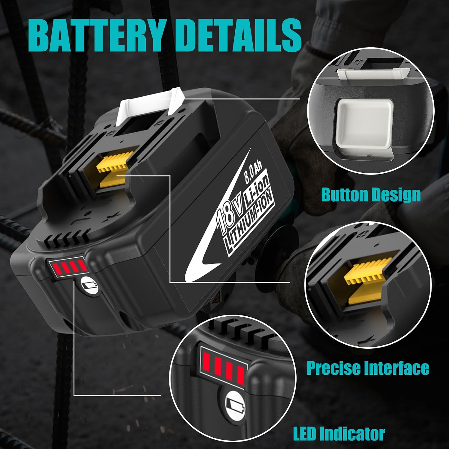 Detalle de OHYES BAT RMA06L 18V 8.0Ah Replacement Battery 4-Pack for Makita LXT