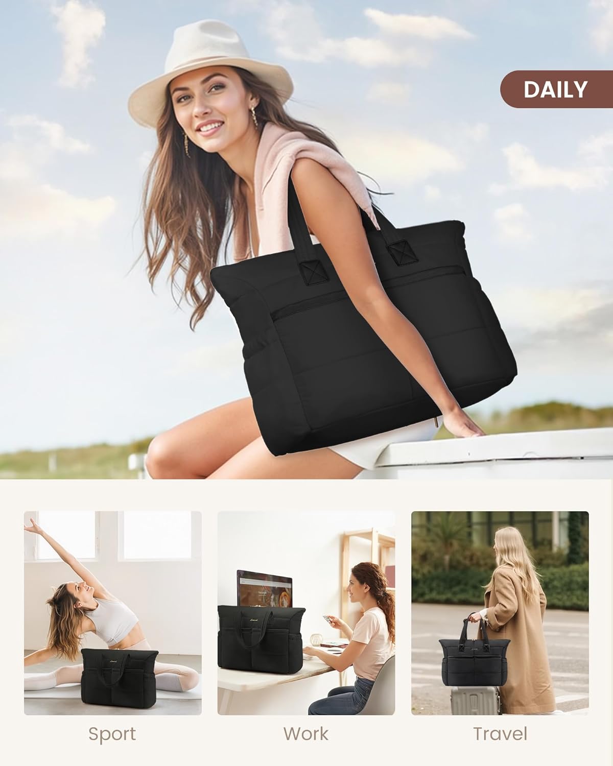 Detalle de LOVEVOOK Tote Bag for Women: Lightweight 15.6 Inch Puffer Laptop Bag