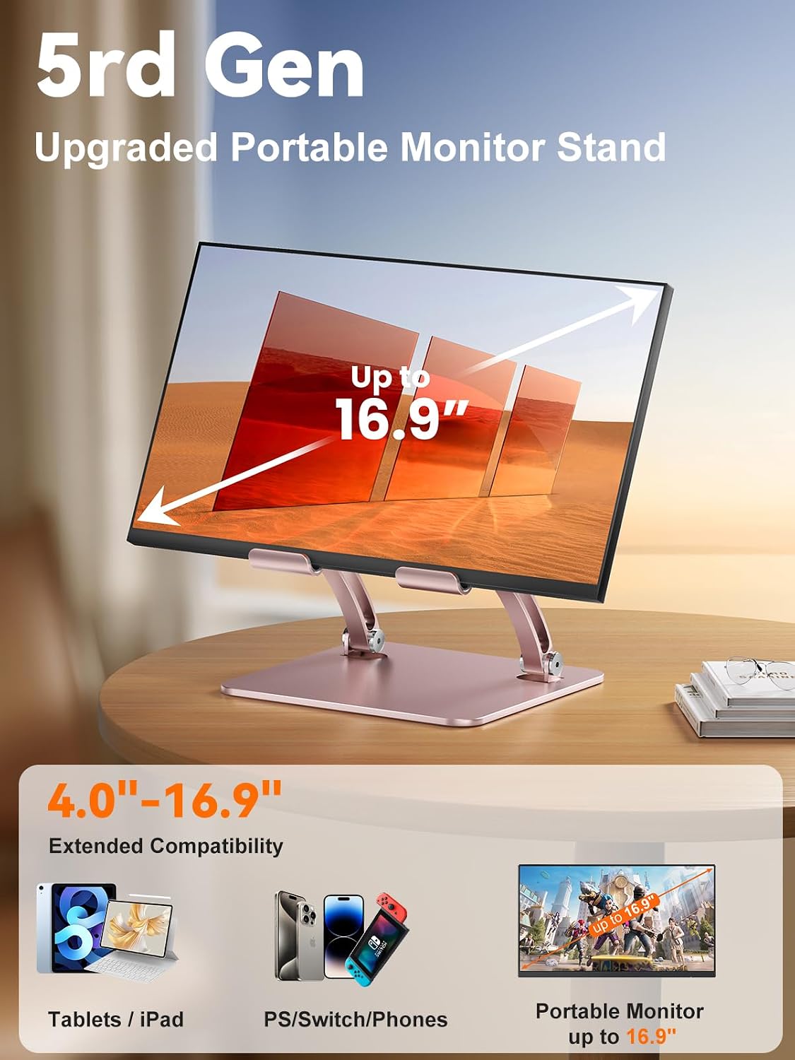 Detalle de tounee Tablet-Halterung: Zweistabig verstellbarer Aluminium Desktop-Ständer, rosa