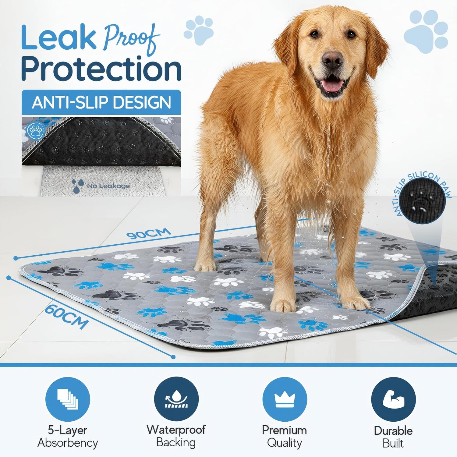 Detalle 2 de MAGNUS CREATIONS 5-Layer Washable Puppy Training Pads – Reusable 60×90 cm (2-Pack) for Medium & Large Dogs