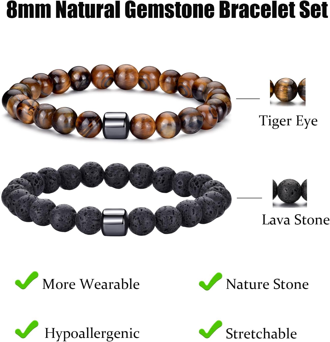 Detalle de RANKEEF Perlenarmband Herren (8 mm) im Set – Stretch-Armbänder mit schwarzer Kristall-Perle, verstellbar