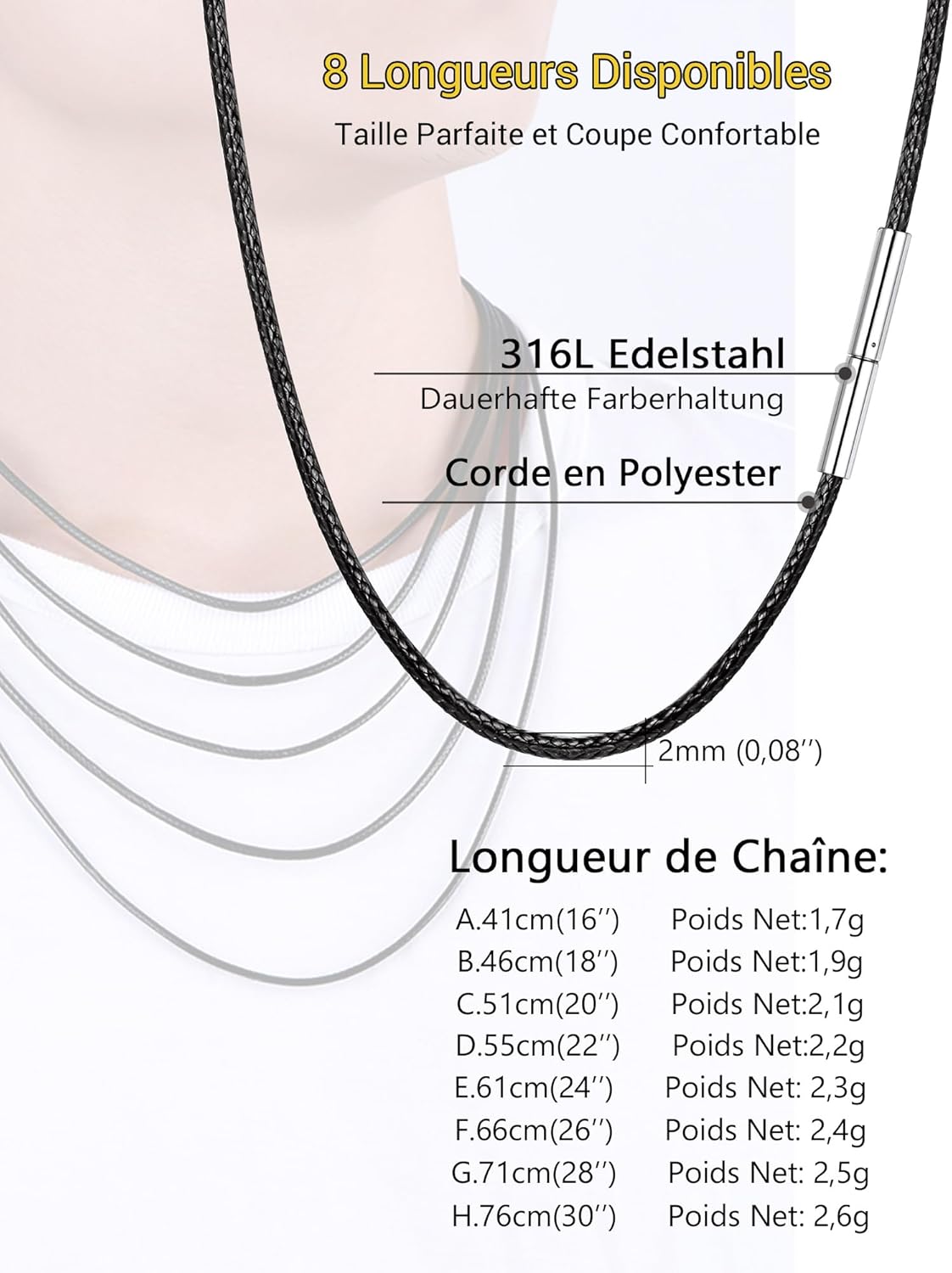 Thumbnail 5 de PROSTEEL Chaîne Collier Homme Cuir Noir – Cordon simili-cuir 2 mm, longueur 41–76 cm, fermoir acier inoxydable