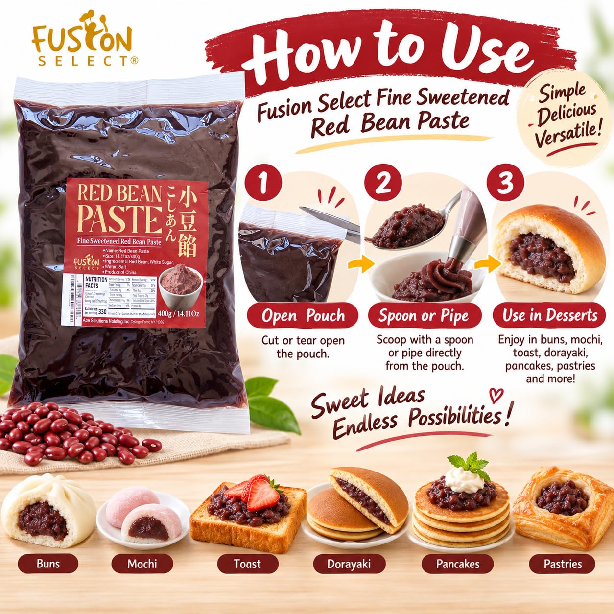 Detalle 1 de Fusion Select Sweetened Red Bean Paste, 2-Pack for Mochi, Buns & Pastries