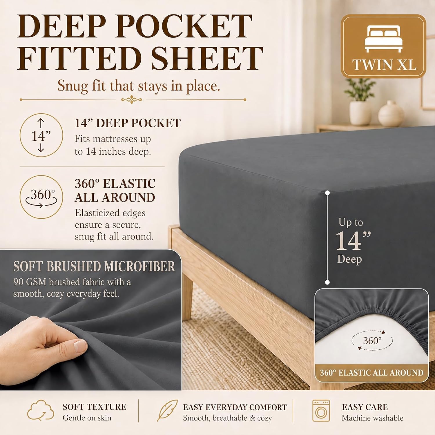 Detalle de CozyLux Twin XL Comforter Set Dark Grey – 5 Pieces Bed in a Bag