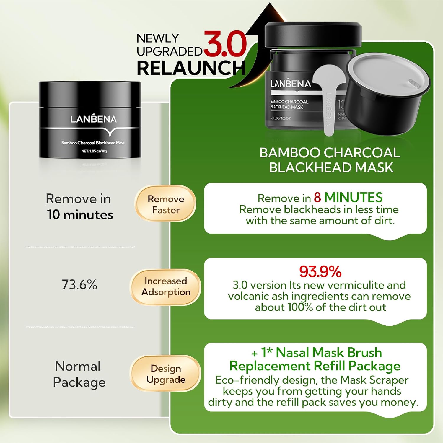Detalle de LANBENA 3.0 Bamboo Charcoal Nose Pore Strips, 60-Count Peel-Off Mask