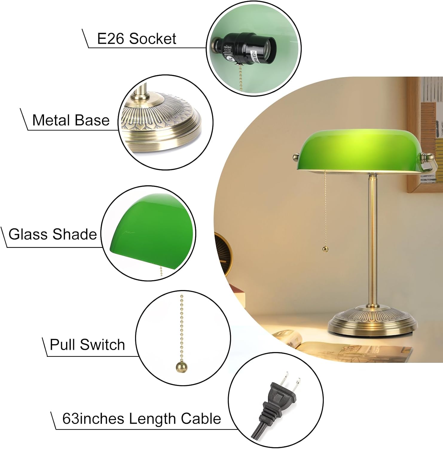Detalle 2 de BNYFDC HD250808 Bankers Desk Lamp, Green Glass Shade and Brass Finish