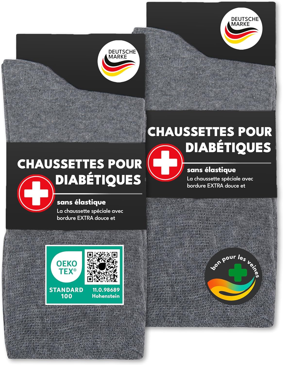 Lot de 6 paires de chaussettes diabétiques unisexes en coton (97%) sans couture et sans élastique