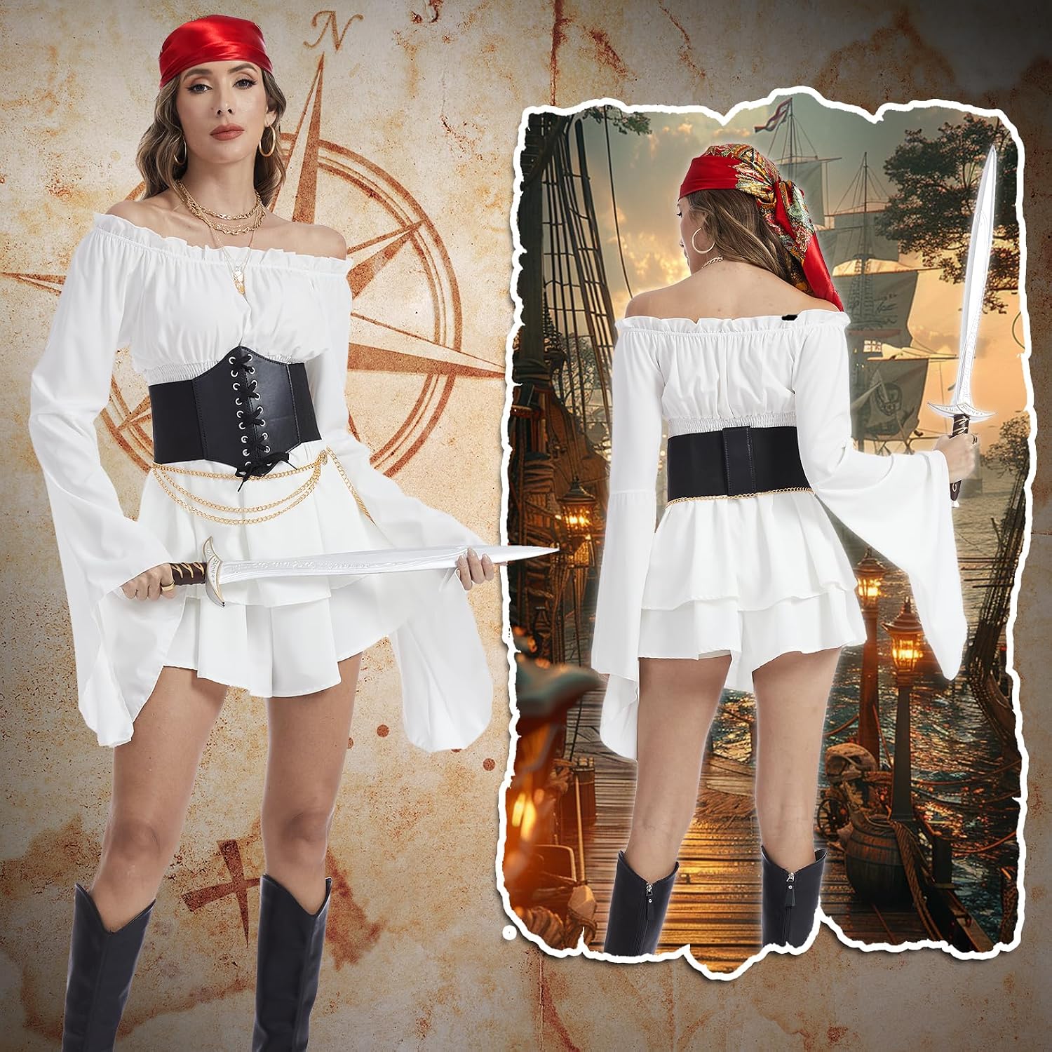Detalle de AJGEGJE piratenkostuum voor dames met schoudervrije jurk en korset