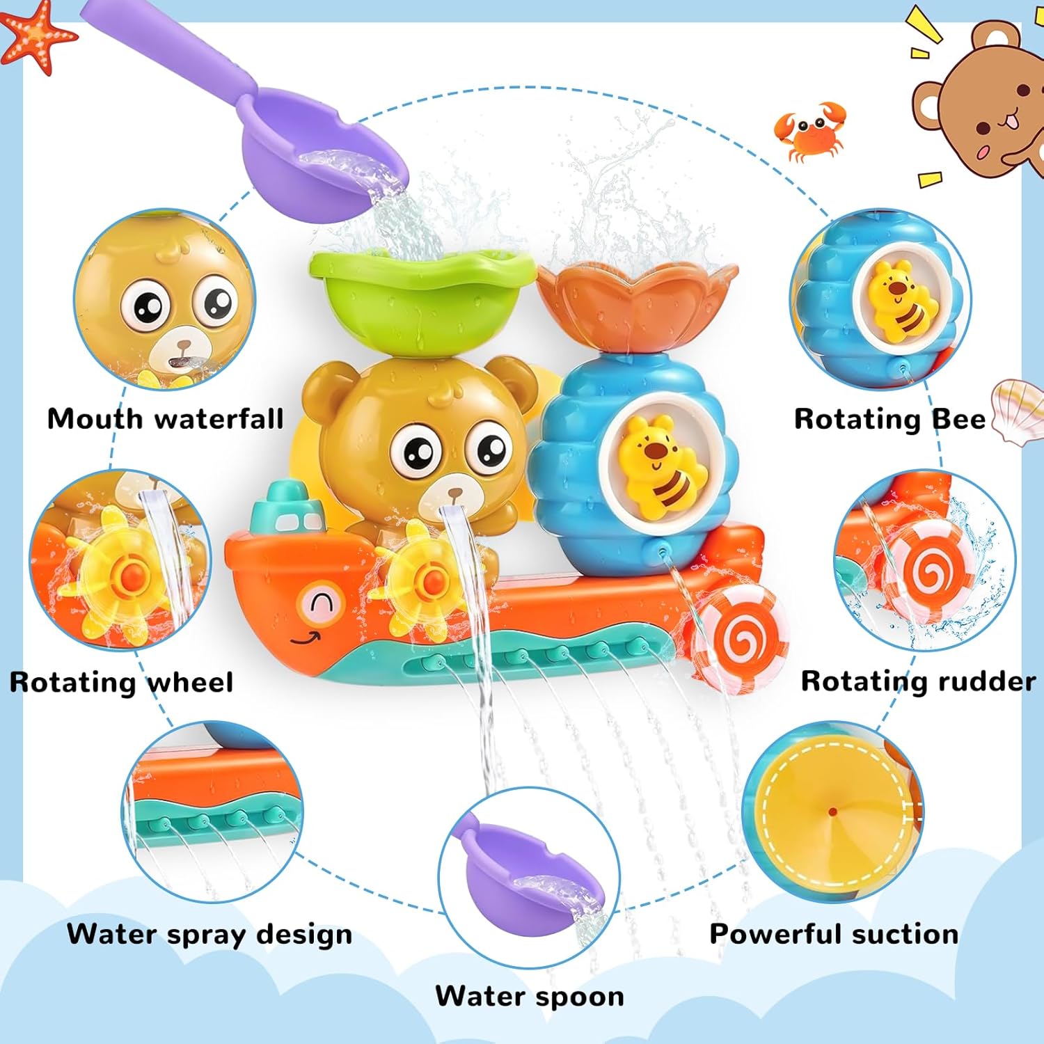 Detalle de Giochi Bagnetto Neonato 1-4 Anni – Vasca con Orso e Ape: peluche educativo e ventose sicure