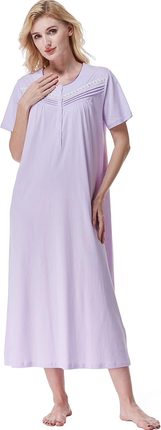 Detalle 1 de Keyocean nightgown Women's 100% Cotton Sleep Dress, Short Sleeves, Mid-Calf