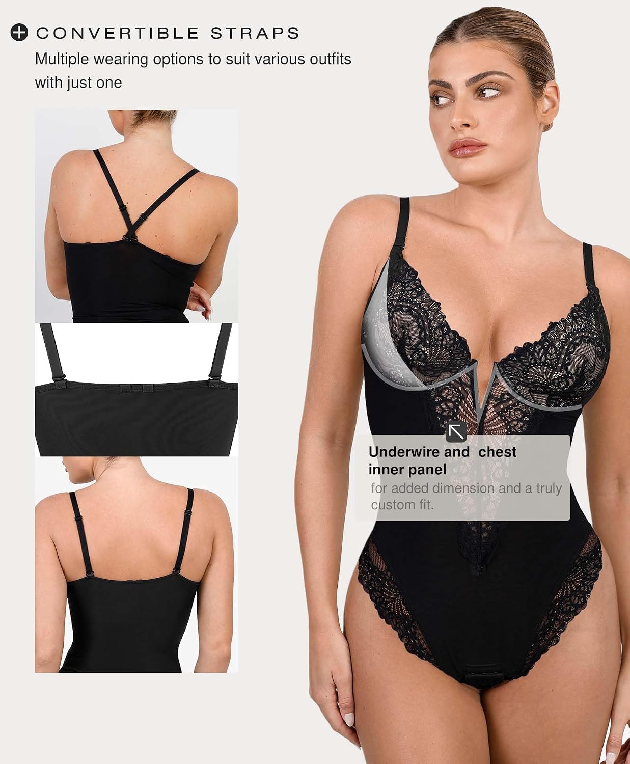 Thumbnail 3 de Popilush Lace Corset Bodysuit for Women, Underwire, Deep V, Low Back