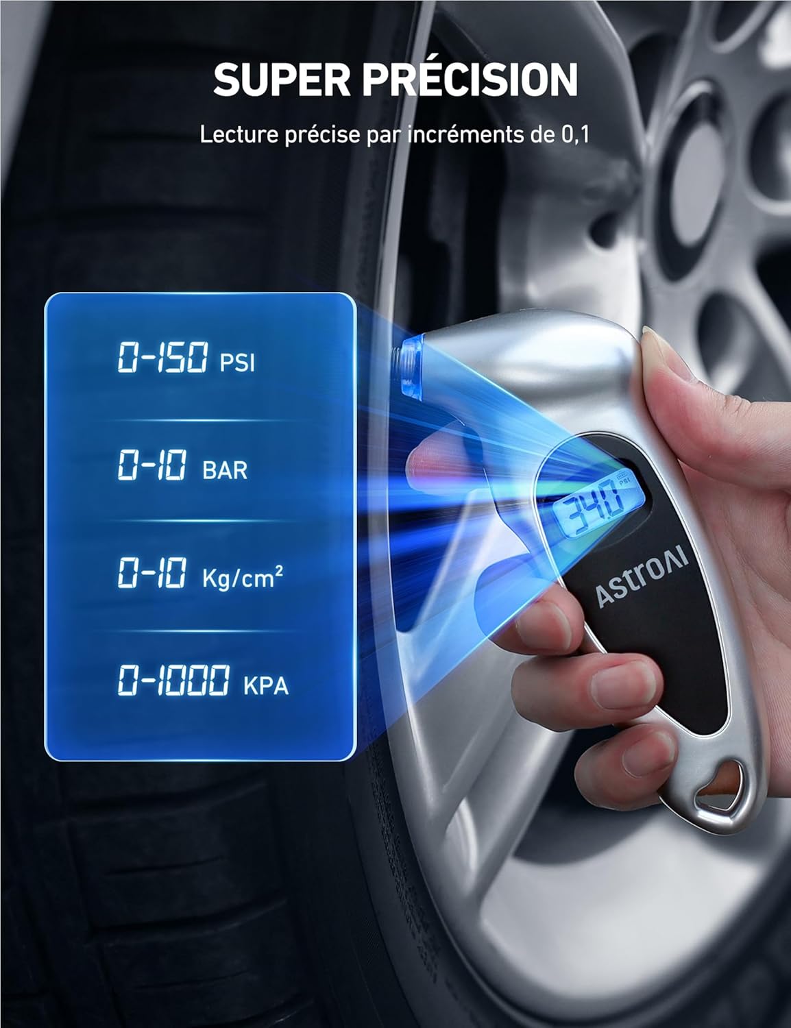 Thumbnail 6 de AstroAI Manomètre pression numérique 10 bar pour pneus voiture, vélo, VTT et moto