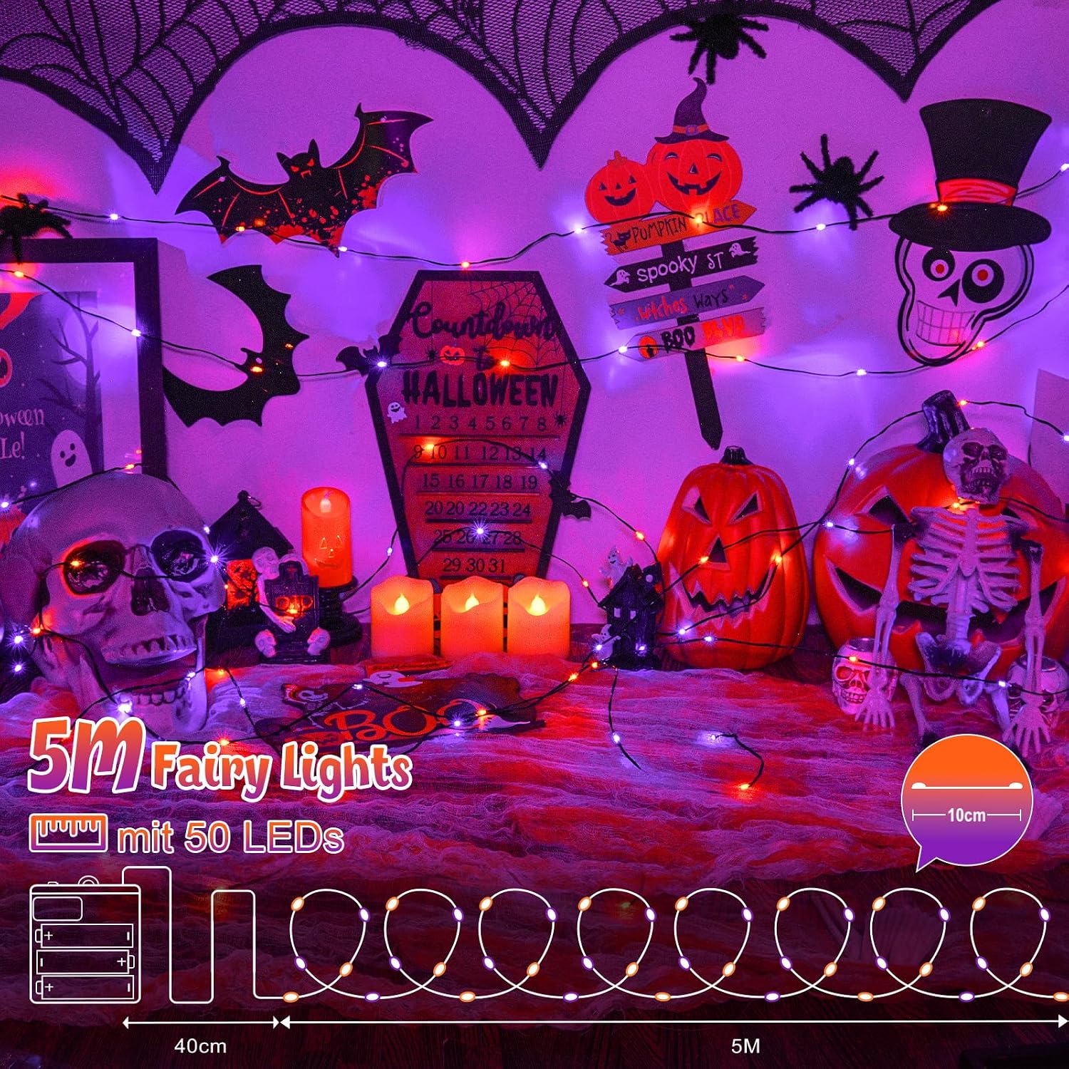 Thumbnail 3 de Lincentra Halloween Decoration Lights, 2 Pack 5M 50LED Orange Purple – Battery Operated with Timer