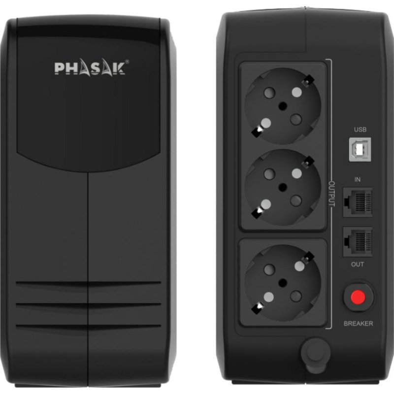 Detalle de Phasak SAI 750VA line-interactive con batería de plomo-calcio, USB HID y protección RJ45