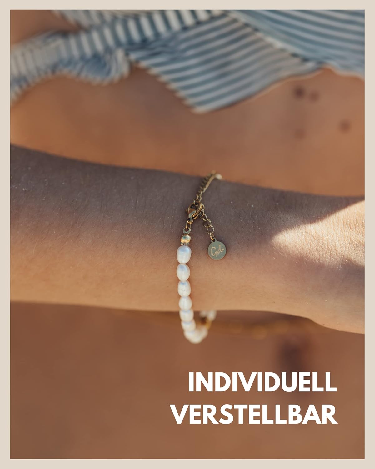 Detalle de GD GOOD.designs Perlenarmband für Damen mit echten Süßwasserperlen (4 mm), 18K-Vergoldung, verstellbar 15–19 cm