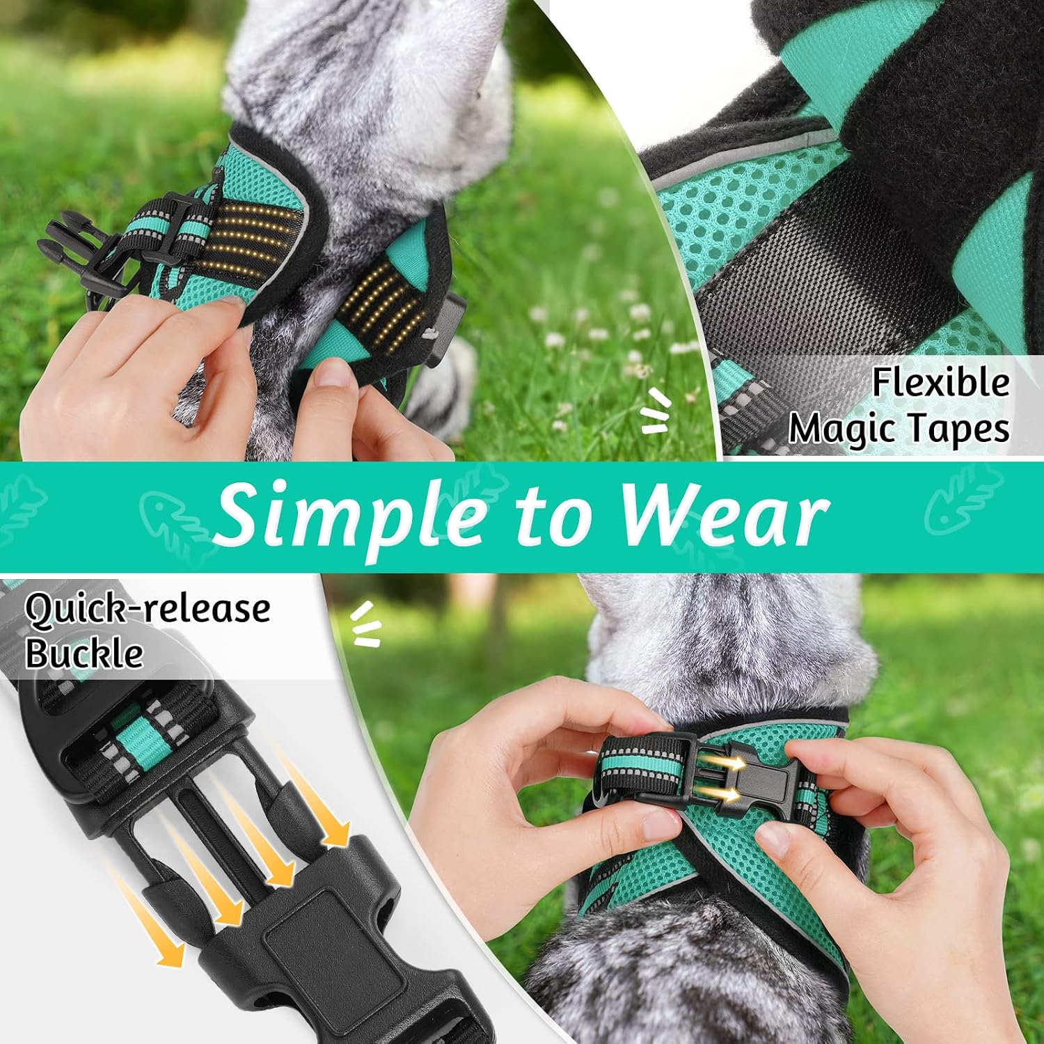 Detalle de rabbitgoo Cat Harness and Leash Set (Escape Proof, Reflective Strip) – Adjustable Soft Vest Harness, Green, Size M