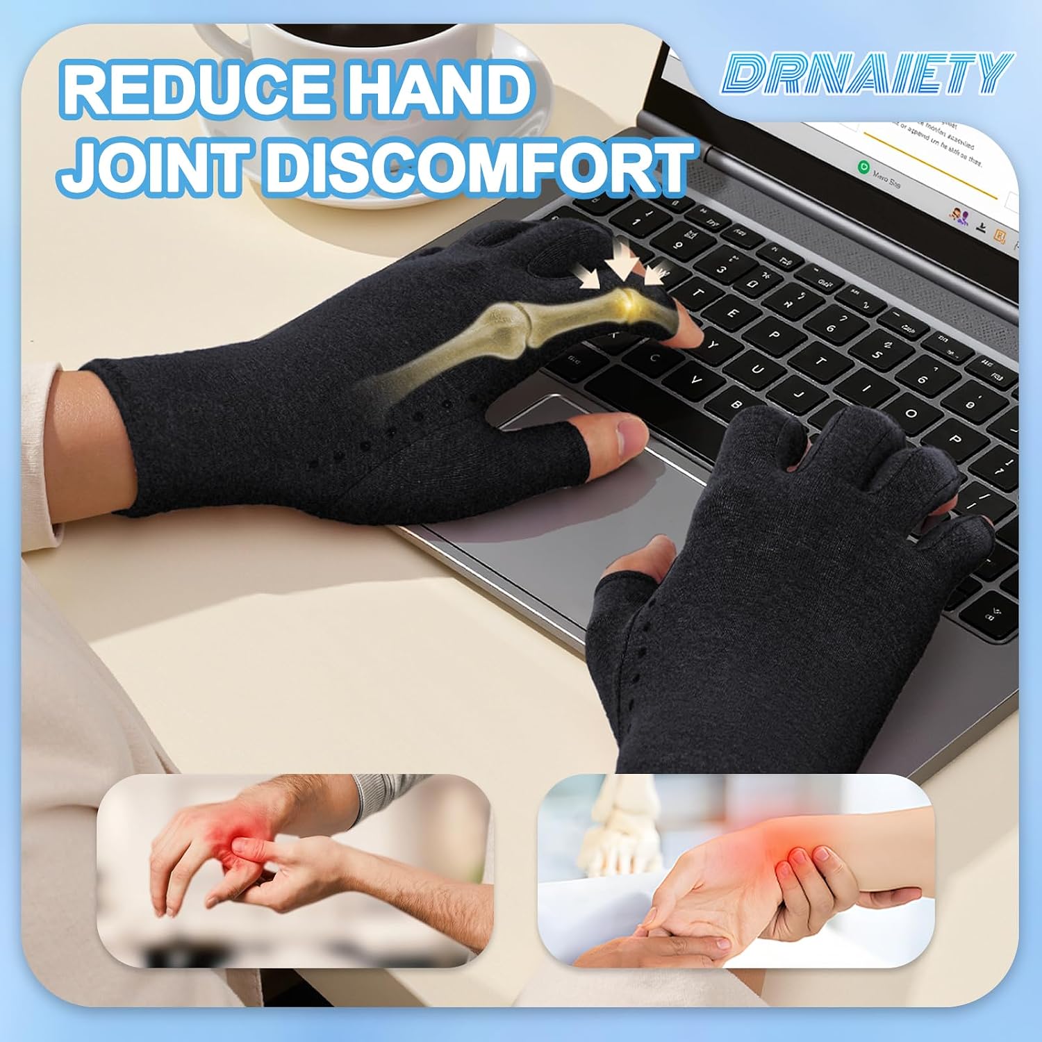 Detalle de DRNAIETY 2-Pair Arthritis Compression Gloves - Fingerless, Breathable Support for Hand Pain (Black)